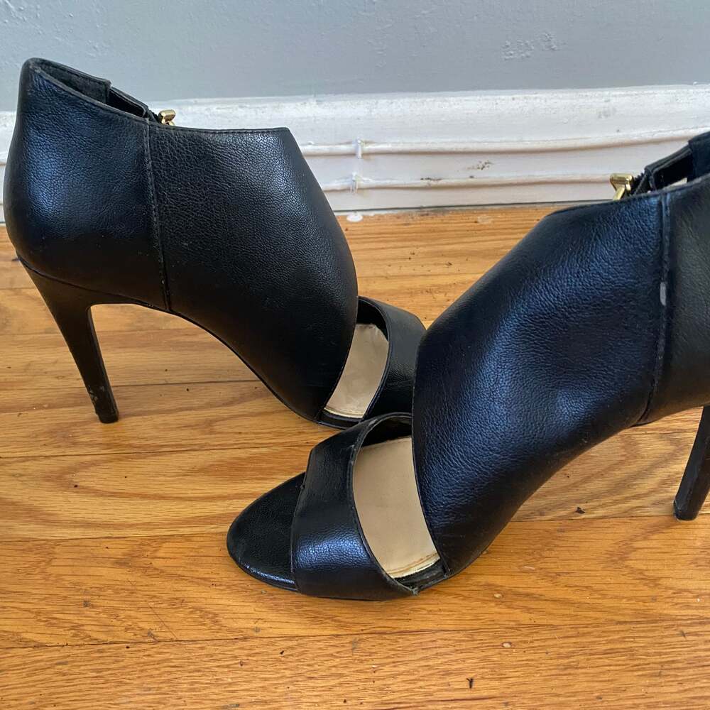 BCBGeneration Black Leather Peep Toe Asymmetric Strappy Heels